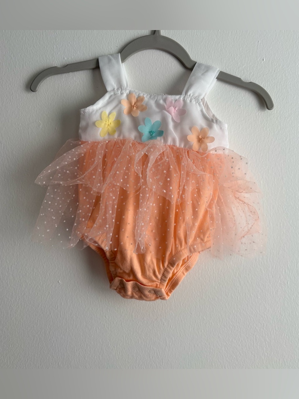 Little Lass 6 Months White Peach Cotton Tulle Floral Romper Sleeveless Snap